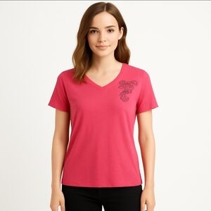 SB Active Red Gathered Sleeve Tee With Black Paisley Chest Design Petite Sz XL